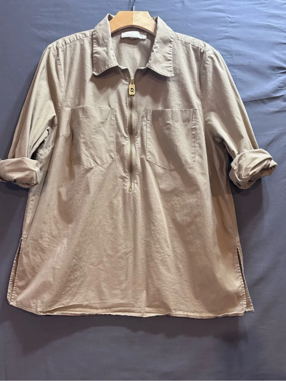 Michael Kors Beige Zip-Front Pullover Blouse